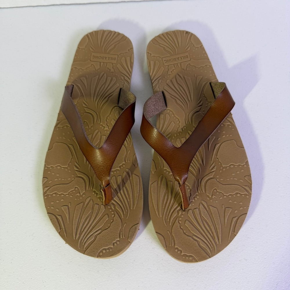 Billabong Womens Brown Faux Leather Tropical Floral Flip Flop NO SIZE TAG
